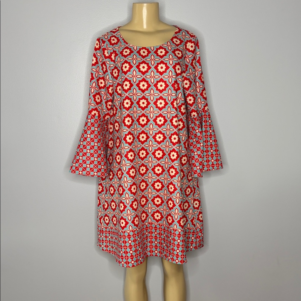 Aryeh Red and Cream Geometric Shift Dress Size L